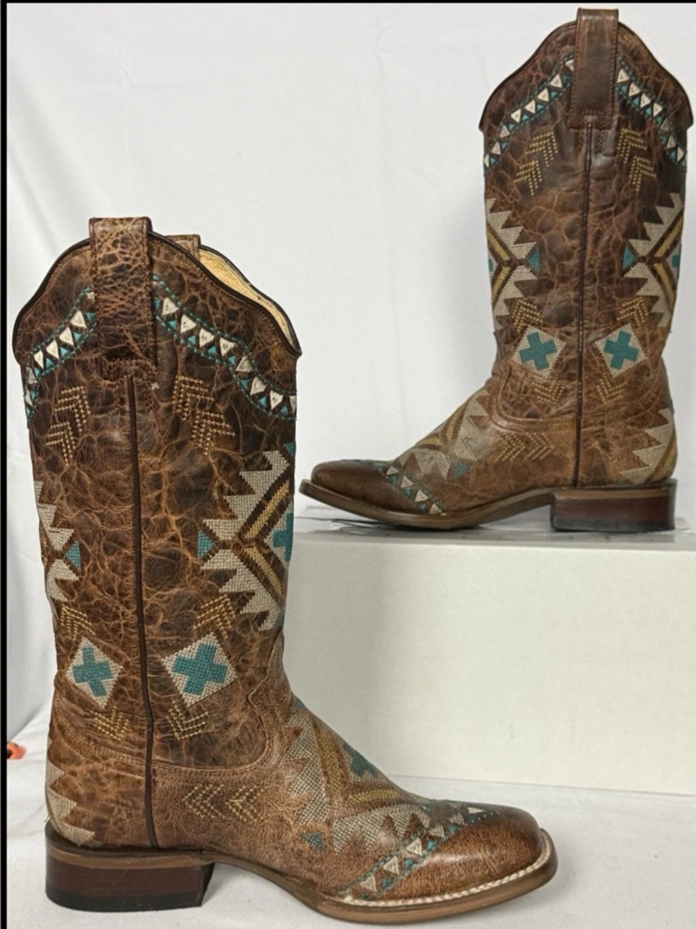 Roper Women's 5.5 Mai Aztec Cowboy Boots Brown Leather Turquoise Southwest 7022